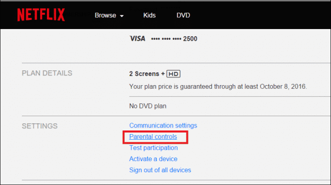 Parental controls on Netflix settings